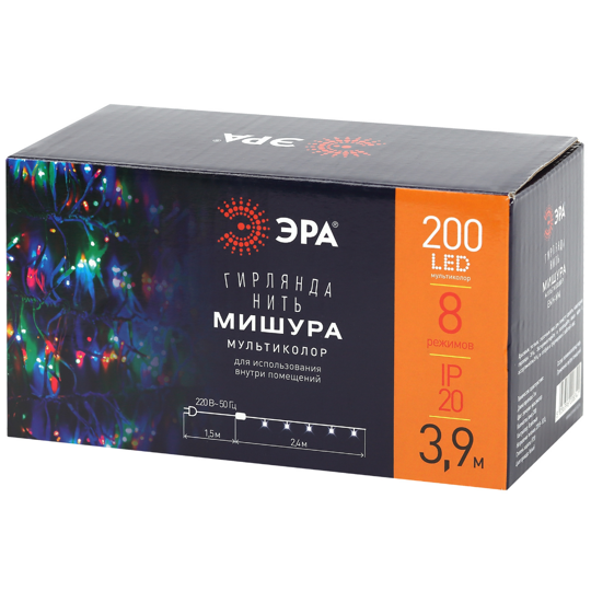 ENIN-WM Гирлянда LED Мишура 3,9м белый провод,мультиколор ,220V  Эра