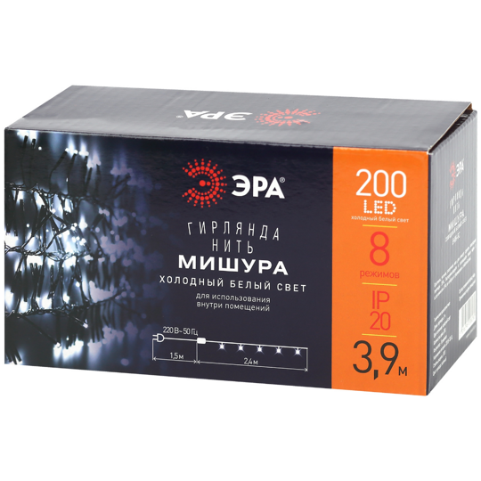 ENIN-GC Гирлянда LED  Нить Мишура 3,9м зеленый провод,холодный свет ,220V  Эра